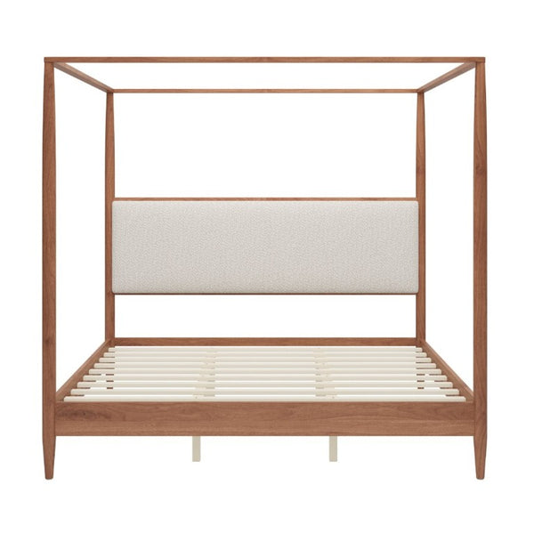 English Elm Mid-Century Canopy King Bed Walnut Rubberwood Frame Boucle Headboard Four Poster N701P478589D