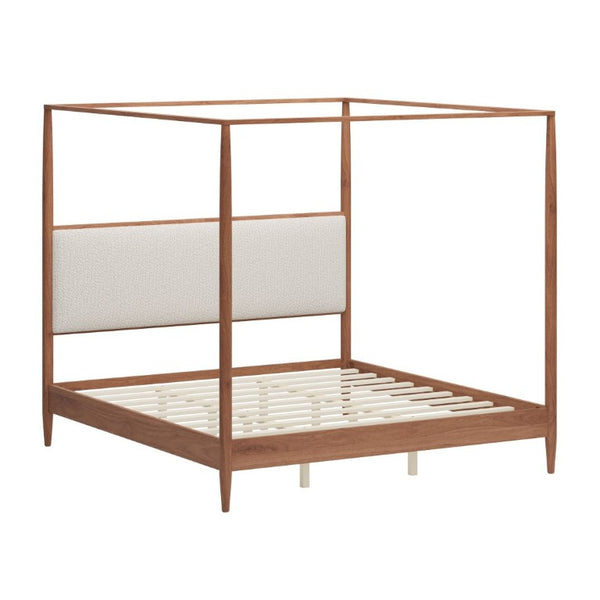 English Elm Mid-Century Canopy King Bed Walnut Rubberwood Frame Boucle Headboard Four Poster N701P478589D