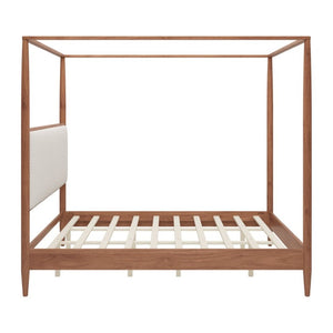 English Elm Mid-Century Canopy King Bed Walnut Rubberwood Frame Boucle Headboard Four Poster N701P478589D