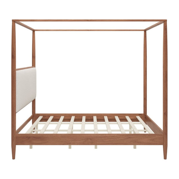 English Elm Mid-Century Canopy King Bed Walnut Rubberwood Frame Boucle Headboard Four Poster N701P478589D