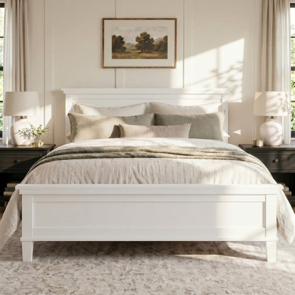 English Elm Mid-Century King Platform Bed Solid Pine Tapered Legs Curved Headboard Farmhouse Style White N701P486556K