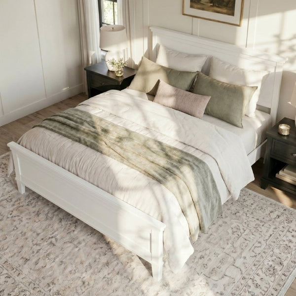 English Elm Mid-Century King Platform Bed Solid Pine Tapered Legs Curved Headboard Farmhouse Style White N701P486556K