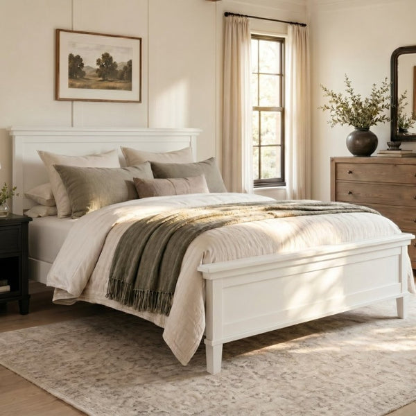 English Elm Mid-Century King Platform Bed Solid Pine Tapered Legs Curved Headboard Farmhouse Style White N701P486556K