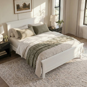 English Elm Mid-Century King Platform Bed Solid Pine Tapered Legs Curved Headboard Farmhouse Style White N701P486556K