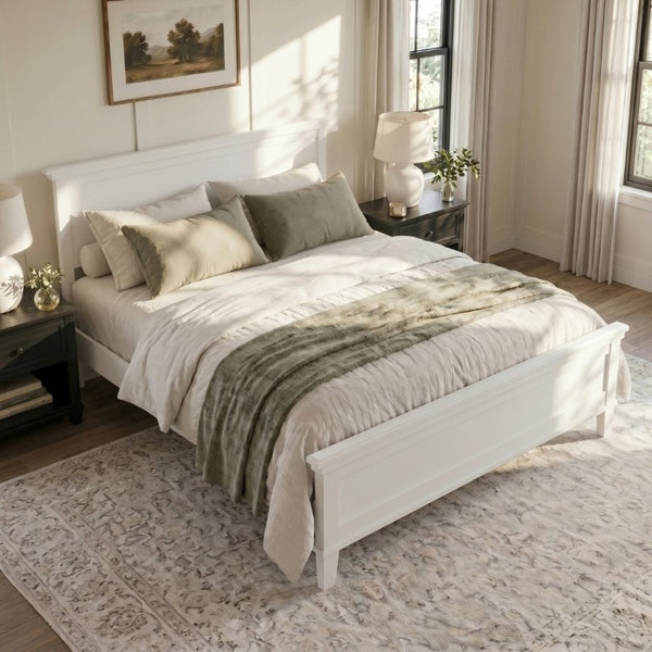 English Elm Mid-Century King Platform Bed Solid Pine Tapered Legs Curved Headboard Farmhouse Style White N701P486556K