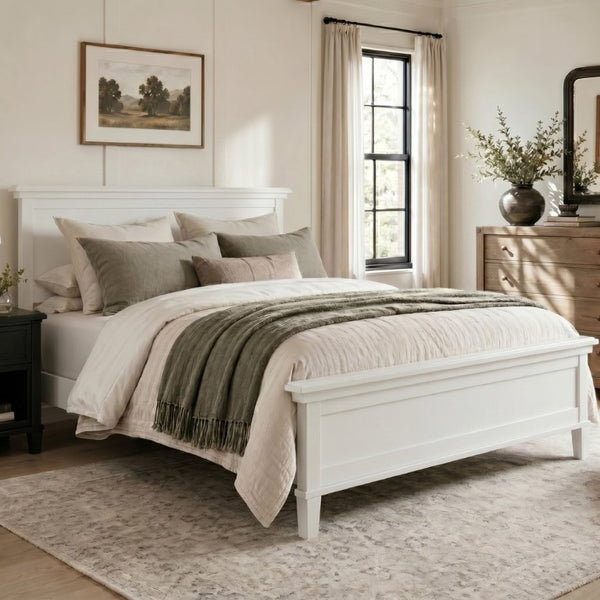 English Elm Mid-Century King Platform Bed Solid Pine Tapered Legs Curved Headboard Farmhouse Style White N701P486556K