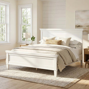 English Elm Mid-Century King Platform Bed Solid Pine Tapered Legs Curved Headboard Farmhouse Style White N701P486556K
