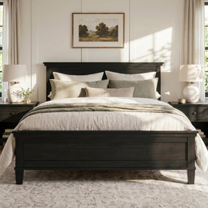 English Elm Mid-Century Queen Platform Bed Solid Pine Tapered Legs Clean Headboard Slat Base Charcoal Black N701P486560B