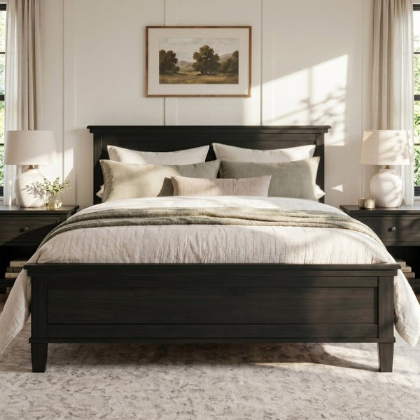 English Elm Mid-Century Queen Platform Bed Solid Pine Tapered Legs Clean Headboard Slat Base Charcoal Black N701P486560B