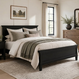 English Elm Mid-Century Queen Platform Bed Solid Pine Tapered Legs Clean Headboard Slat Base Charcoal Black N701P486560B