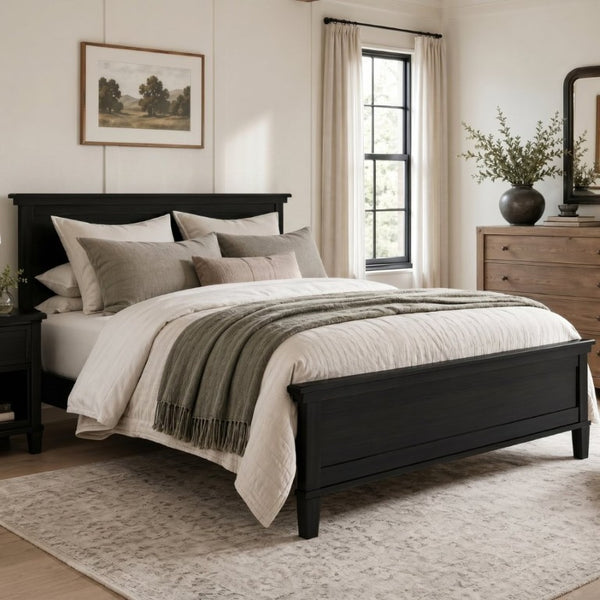 English Elm Mid-Century Queen Platform Bed Solid Pine Tapered Legs Clean Headboard Slat Base Charcoal Black N701P486560B