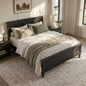 English Elm Mid-Century Queen Platform Bed Solid Pine Tapered Legs Clean Headboard Slat Base Charcoal Black N701P486560B