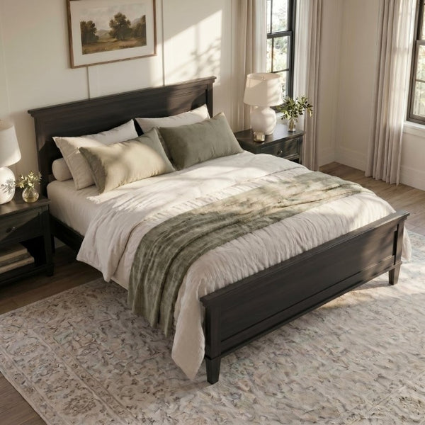 English Elm Mid-Century Queen Platform Bed Solid Pine Tapered Legs Clean Headboard Slat Base Charcoal Black N701P486560B