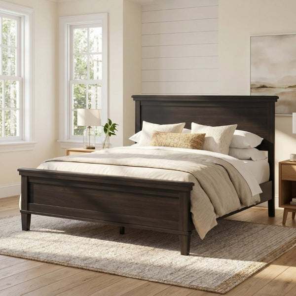 English Elm Mid-Century Queen Platform Bed Solid Pine Tapered Legs Clean Headboard Slat Base Charcoal Black N701P486560B