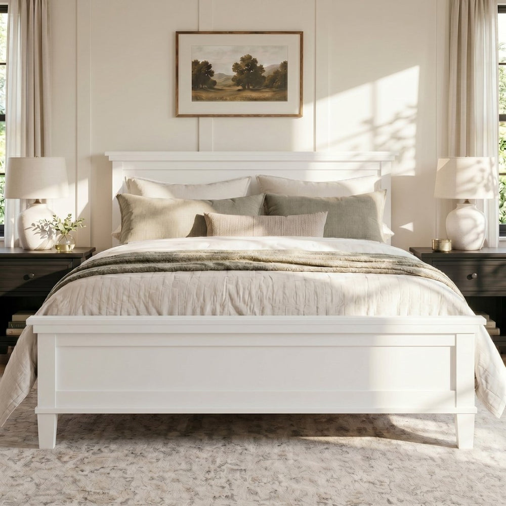 English Elm Mid-Century Queen Platform Bed Solid Pine Legs Low Profile Headboard Farmhouse Bedroom White N701P486560K