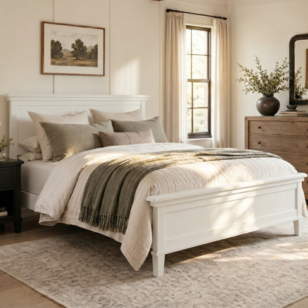 English Elm Mid-Century Queen Platform Bed Solid Pine Legs Low Profile Headboard Farmhouse Bedroom White N701P486560K