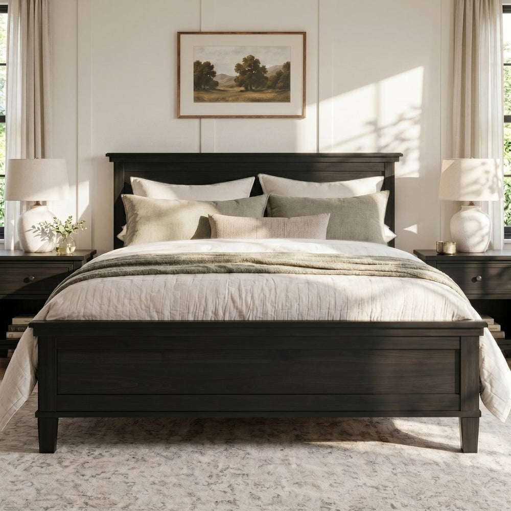 English Elm Mid-Century Modern Pine Platform Bed Full Size Slat Support Farmhouse Bedroom Frame Charcoal Black N701P486609B