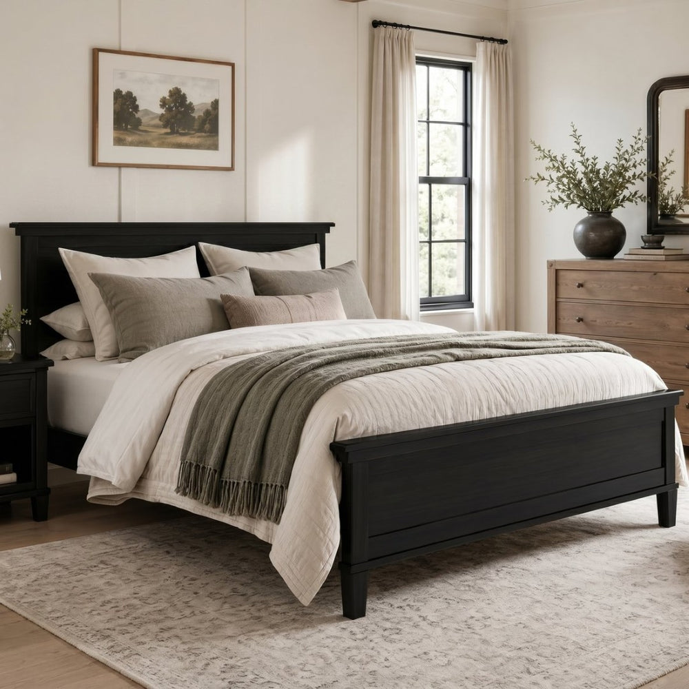 English Elm Mid-Century Modern Pine Platform Bed Full Size Slat Support Farmhouse Bedroom Frame Charcoal Black N701P486609B