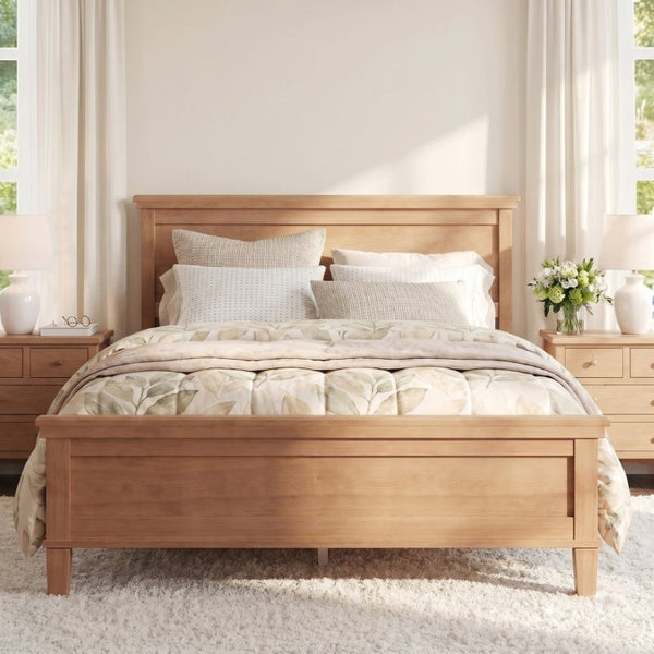 English Elm Mid-Century Pine Platform Bed Full Slat Support Geometric Headboard Seadrift Finish N701P486609S