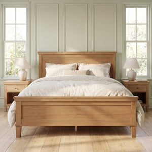 English Elm Mid-Century Pine Platform Bed Full Slat Support Geometric Headboard Seadrift Finish N701P486609S