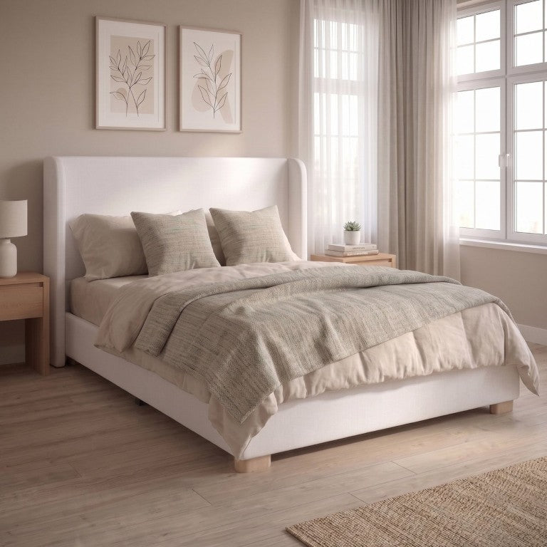 English Elm Queen Wingback Platform Bed Velvet Upholstered with Channel Stitched Tall Headboard N701P498618C