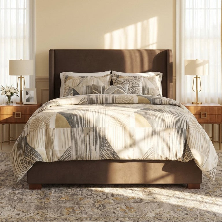 English Elm Queen Wingback Platform Bed Tall Velvet Headboard with Channel Stitching No Box Spring Dark Brown Queen N701P498618D