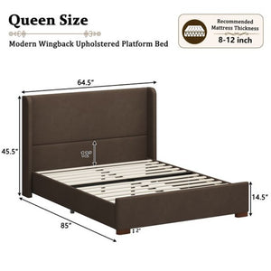 English Elm Queen Wingback Platform Bed Tall Velvet Headboard with Channel Stitching No Box Spring Dark Brown Queen N701P498618D