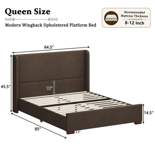English Elm Queen Wingback Platform Bed Tall Velvet Headboard with Channel Stitching No Box Spring Dark Brown Queen N701P498618D