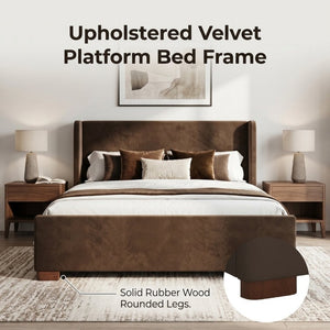 English Elm Queen Wingback Platform Bed Tall Velvet Headboard with Channel Stitching No Box Spring Dark Brown Queen N701P498618D