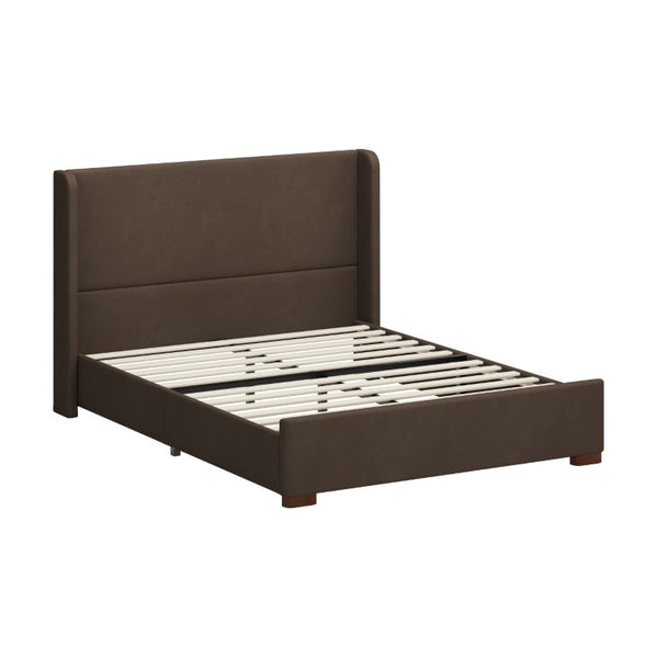 English Elm Queen Wingback Platform Bed Tall Velvet Headboard with Channel Stitching No Box Spring Dark Brown Queen N701P498618D