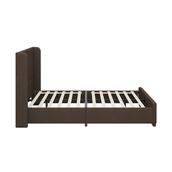 English Elm Queen Wingback Platform Bed Tall Velvet Headboard with Channel Stitching No Box Spring Dark Brown Queen N701P498618D