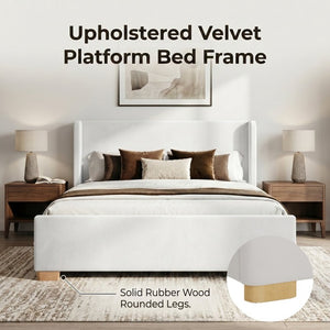 English Elm Queen Wingback Platform Bed Tall Velvet Headboard with Channel Stitching No Box Spring Cream King N701P499000C