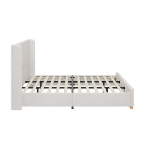 English Elm Queen Wingback Platform Bed Tall Velvet Headboard with Channel Stitching No Box Spring Cream King N701P499000C