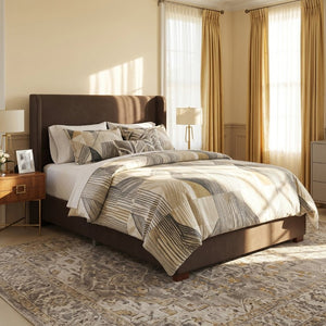 English Elm King Wingback Velvet Platform Bed Tall Channel Stitched Headboard Rubberwood Legs N701P499000D