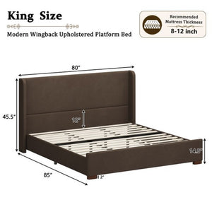 English Elm King Wingback Velvet Platform Bed Tall Channel Stitched Headboard Rubberwood Legs N701P499000D