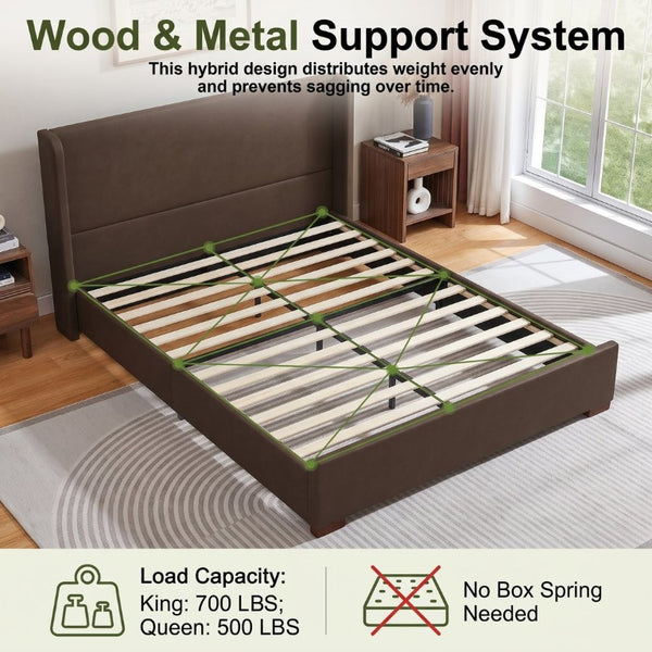 English Elm King Wingback Velvet Platform Bed Tall Channel Stitched Headboard Rubberwood Legs N701P499000D