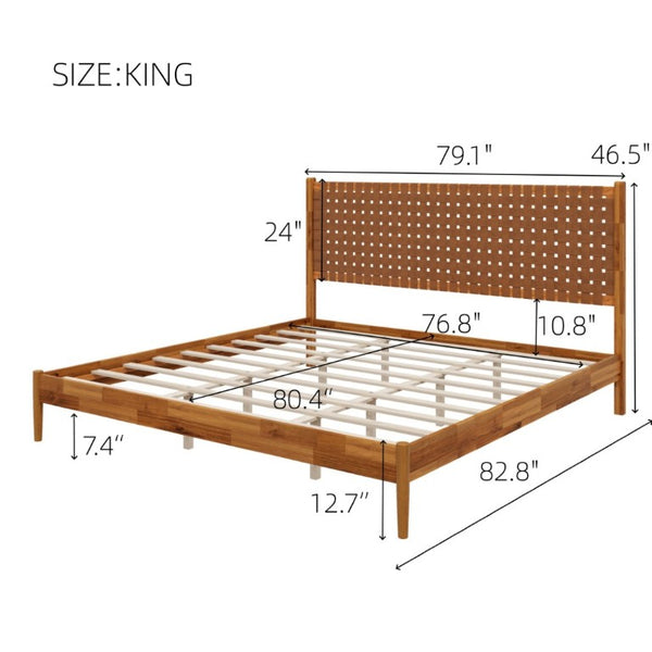 English Elm Solid Acacia King Platform Bed Woven Faux Leather Headboard Mid-Century Frame Caramel N701P519323C