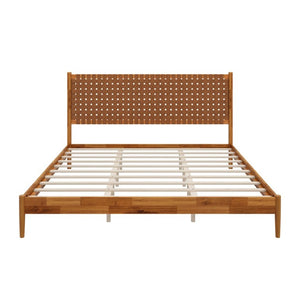 English Elm Solid Acacia King Platform Bed Woven Faux Leather Headboard Mid-Century Frame Caramel N701P519323C