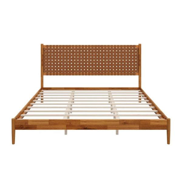 English Elm Solid Acacia King Platform Bed Woven Faux Leather Headboard Mid-Century Frame Caramel N701P519323C