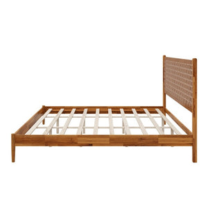 English Elm Solid Acacia King Platform Bed Woven Faux Leather Headboard Mid-Century Frame Caramel N701P519323C