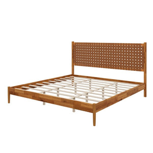English Elm Solid Acacia King Platform Bed Woven Faux Leather Headboard Mid-Century Frame Caramel N701P519323C