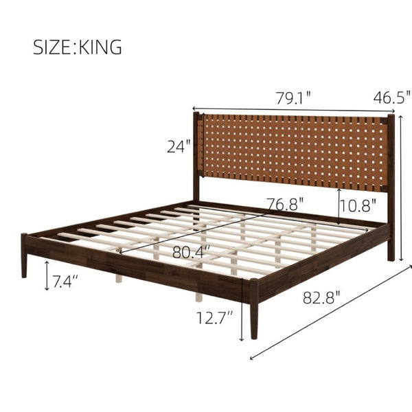 English Elm Solid Acacia King Platform Bed Woven Faux Leather Headboard Mid-Century Frame Dark Brown N701P519323D
