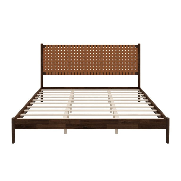 English Elm Solid Acacia King Platform Bed Woven Faux Leather Headboard Mid-Century Frame Dark Brown N701P519323D