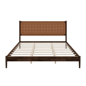 English Elm Solid Acacia King Platform Bed Woven Faux Leather Headboard Mid-Century Frame Dark Brown N701P519323D