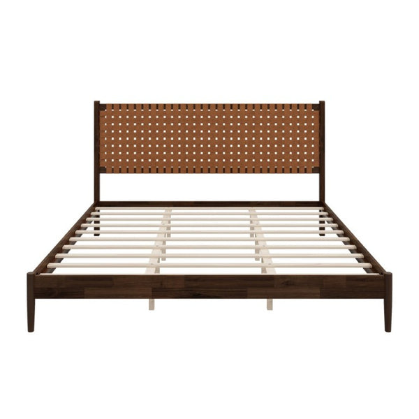 English Elm Solid Acacia King Platform Bed Woven Faux Leather Headboard Mid-Century Frame Dark Brown N701P519323D