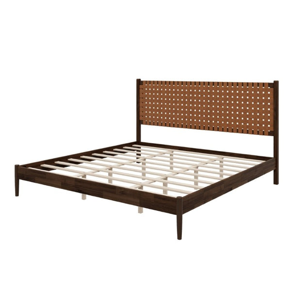 English Elm Solid Acacia King Platform Bed Woven Faux Leather Headboard Mid-Century Frame Dark Brown N701P519323D
