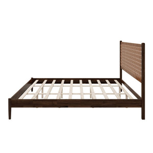 English Elm Solid Acacia King Platform Bed Woven Faux Leather Headboard Mid-Century Frame Dark Brown N701P519323D
