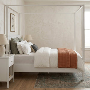 English Elm Mid-Century Canopy King Bed Solid Pine Four-Poster Frame with Tapered Legs in White N701P544604K