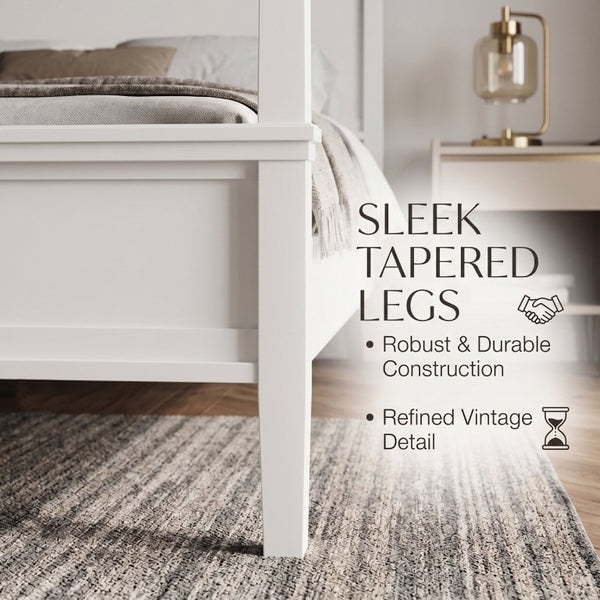 English Elm Mid-Century Canopy King Bed Solid Pine Four-Poster Frame with Tapered Legs in White N701P544604K