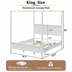 English Elm Mid-Century Canopy King Bed Solid Pine Four-Poster Frame with Tapered Legs in White N701P544604K